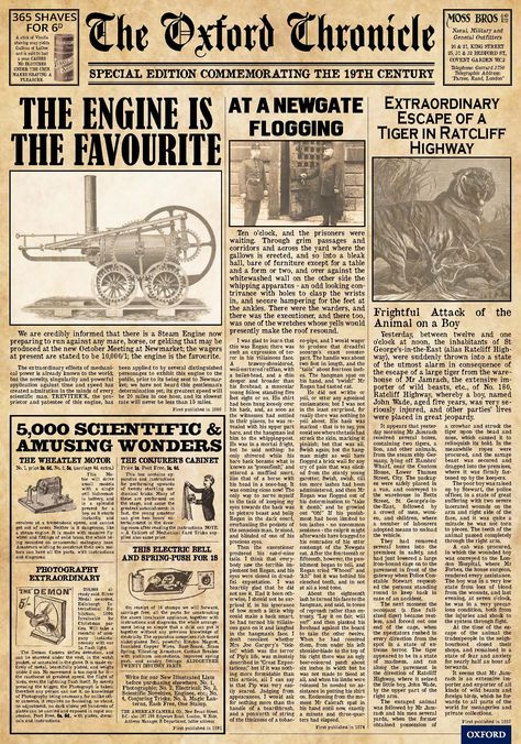 The Oxford Chronicle: discover this free, downloadable 19th-century newspaper. Perfect for use in the classroom, this bespoke resource will help you make the study of 19th-century fiction and non-fiction engaging and fun http://ow.ly/TiD0301Y4NB History Newspaper, Dark Academia Posters, Newspaper Background, Vintage Paper Printable, English Newspapers, Old Paper Background, Newspaper Art, Vintage Newspaper, Newspaper Design