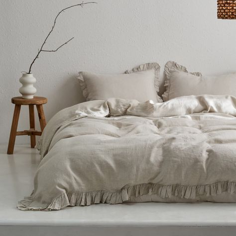 PRICES MAY VARY. What You Can Get-3 pieces bedding set includes 1 duvet cover and 1 pillow sham（not include the comforter）Size:Full duvet cover size is 78" x 86", 2 pillow shams: 20" x 26";Every set includes 2 spare buttons. Unique Design-Button closure,the fasteners are hidden for a seamless look，which is pretty and classic.There are 4 corner ties which ensure your comforter remains immovable in the cover. There are beautiful ruffles on 3 sides,extra long to cover the bed's border on(The ruffle Washed Linen Duvet Cover, Ruffle Duvet Cover, Work Space Decor, Linen Duvet Cover, Farmhouse Bedding, Ruffle Bedding, Sectional Sofa Couch, Bedroom Headboard, Outdoor Dining Furniture