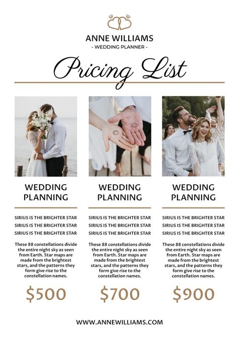 Elegant Gold Wedding Planner Price List Elegant Gold Wedding, Gold Stacking Rings Wedding, Price List Design, Wedding Organizer, Price List Template, Wedding Prices, Wedding Organization, List Template, Company Profile