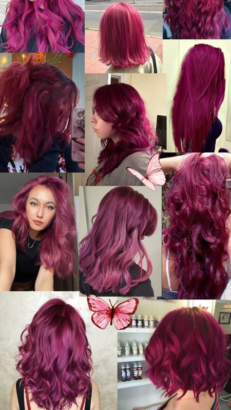 Cherry Red And Purple Hair, Fuschia Hair Black Women, Pink Hair Neon, Fusha Hair Color, Fusha Hair, Red And Purple Hair Color Ideas, Brown Skin Red Hair, Purplish Red Hair, Dark Magenta Hair