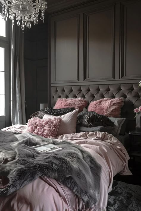 Bedroom Decor Pink And Grey, Glam Bedroom Decor Pink, Pink Black Bedrooms, Pink Gray Bedroom, Black And Grey Bedroom, Bedroom Decor Pink, Pink And Grey Room, Glam Bedroom Decor, Feminine Bedroom