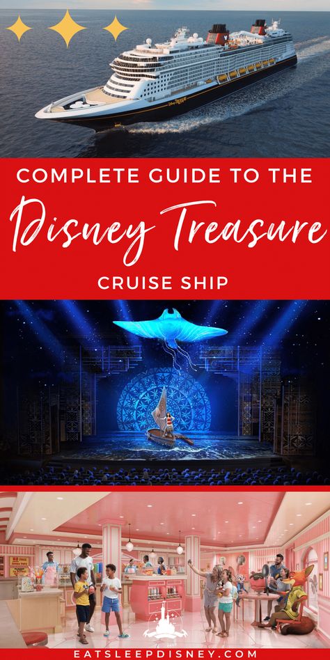 Complete Disney Treasure Cruise Ship Guide  Disney Cruise Line’s sixth ship, the Disney Treasure, joins Disney Wish as the second ship in Disney's Triton Class ships.  Unlike Disney Wish, Disney Treasure is themed for adventure and exploration. Meant to be an “Adventureland at Sea,” the Disney Treasure will tell stories of adventure not only from classic Disney movies but (for the first time ever) also from widely popular theme park attractions. Disney Treasure Cruise Ship, Disney Cruise Wish, Cruise Checklist, Wish Disney, Disney Treasure, Treasure Ship, Disney Fantasy Cruise, Ship Travel, Disney Dream Cruise