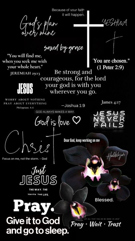 This is a Black Bible verse collage wallpaper with a few quotes and black Orchids White Wallpaper Collage, Happy Bible Quotes, Wallpaper Collage Aesthetic, Bible Verses Phone Wallpaper, Iphone Wallpaper Quotes Inspirational, Bible Quotes Background, Christian Iphone Wallpaper, Positive Quotes Wallpaper, Christian Quotes Wallpaper