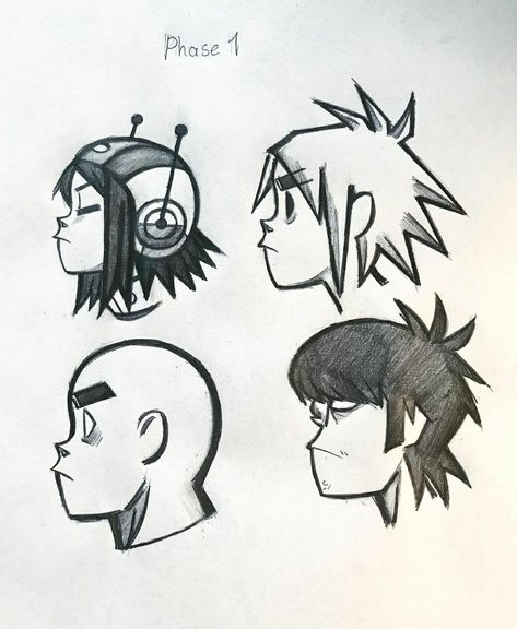 Gorillaz Drawing Easy, Gorrilaz Tattoo, How To Draw Gorillaz Style, Drawing Head Shapes, Gorillaz Doodles, 2d Gorillaz Drawing, Gorillaz Tattoo Ideas, Gorillaz Sketch, Noodles Gorillaz