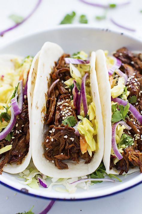 Slow Cooker Korean BBQ Pork Tacos Slow Cooker Korean Bbq, Korean Pork Tacos, Bbq Pork Tacos, Pork Tenderloin Tacos, Korean Bbq Pork, Bbq Pork Loin, Bbq Tacos, Slow Cooker Pork Loin, Korean Pork