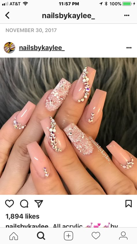 Acrylic Nails Designs For Quince, Bling Neutral Nails, Fancy Sparkly Nails, Acrylic Nails With 3d Flowers And Diamonds, New Years Nails With Rhinestones, Nails With Jewelry On Them, Fingernails With Rhinestones, Fancy Nails With Gems, Nails For Damas