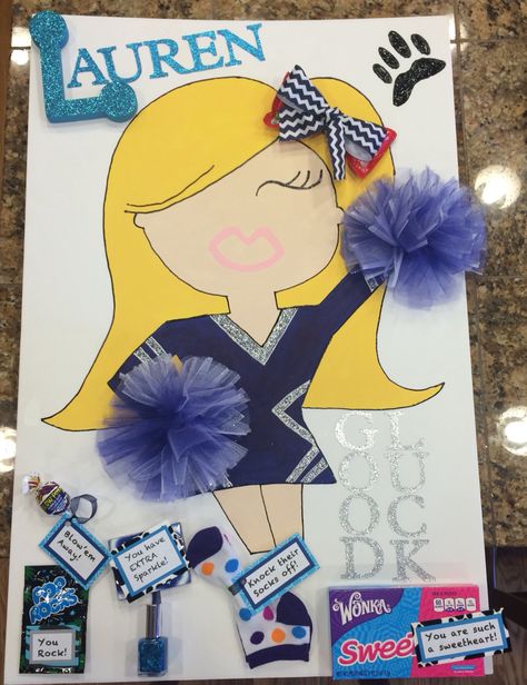 Posters for our little sister Cheer/Pom team to wish them "Good Luck" at their next competition. Cheer Clothespins Ideas, Cheer Clothespins, Cheer Locker Decorations, Cheer Sister Gifts, Cheer Competition Gifts, Cheer Tryouts, Cheer Posters, Dance Team Gifts, Cheer Signs