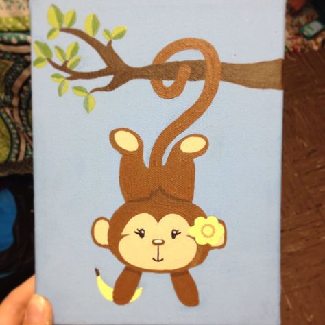 Cute Little Monkey I Painted For My Coaches Nursery! - Monkey Painting For Nursery Monkey Canvas Painting, Paint Swatch Art, Paint Monkey, Monkey Painting, Nursery Painting, Kids Canvas Painting, Animal Canvas Paintings, Painted Canvases, Painting Kids