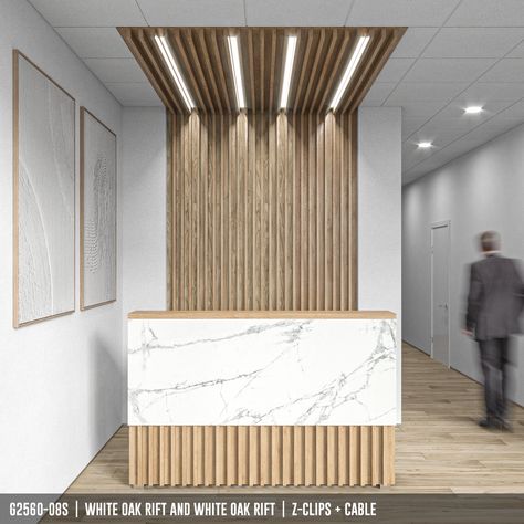 CW Woodcraft® G25 Series | G2560-08S-WW | Wood on Wood Panels Improve the aesthetic of your home or business interior with these wall or ceiling panels. This wood panel is made from high-quality wood and features a spaced linear batten pattern. The panel is easy to install and comes in various wood finishes to match any décor. It also features optional LED lighting integration that can be customized to create a variety of moods. Key Features: Includes one (1) panel in the selected size Includes Wood Panel Interior Design, Wood Slat Lighting, High Ceiling Reception, Reception Wall Decoration, Modern Waiting Area, Reception Interior Design, Office Lobby Design, Medical Office Interior, Doctor Office Design