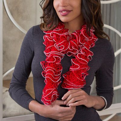 Red Heart Ruffle or Not Capelet | Yarnspirations Sashay Scarf, Crochet Apparel, Tl Yarn Crafts, Scarf Knitting Pattern, Sparkle Yarn, Red Heart Patterns, Ruffle Scarf, Scarf Knitting, Scarf Knitting Patterns