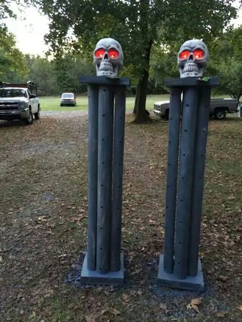 Pool noodle pillars Pool Noodle Pillars Halloween, Pool Noodle Columns, Diy Halloween With Pool Noodles, Halloween Yard Entrance, Diy Pool Noodle Crafts Halloween, Zombie Graveyard Yard Decorations, Halloween Crafts With Pool Noodles, Halloween Diy Pool Noodles, Halloween Pool Party Decorations