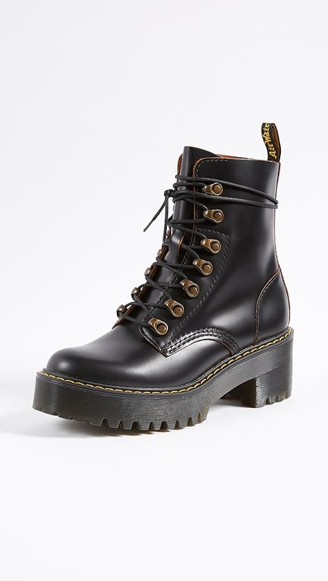 Punk Leather Lace-up Boots With Lug Sole, Dr Martens Leona, Fall Gothic Lace-up Boots With Lug Sole, Grunge Lace-up Platform Boots With Lug Sole, Lace-up Calf Leather Combat Boots With Lug Sole, Punk Lace-up Platform Boots With Lug Sole, Dr. Martens, New Arrivals, Boots