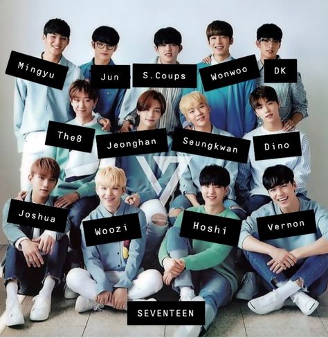 All the SEVENTEEN members with faces. Hope you can learn their names easier with this. Join the diamond life.💎😂💕 Seventeen Names And Faces, Seventeen With Names, Seventeen All Members, Seventeen Names, Seventeen Members Names, Seventeen Wallpaper Kpop, Svt Members, Seventeen Members, K Pop Boy Band