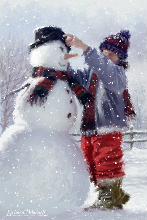 Building A Snowman Aesthetic, Christmas Snow Scenes, The Snowman Movie, Richard Macneil, Winter Scene Paintings, Snow Illustration, Winter Cottage, Snow Art, Painting Snow