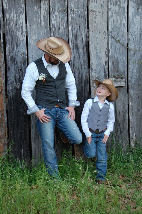 Groom And Son Wedding Outfits, Groom And Son Outfits, Country Wedding Outfits For Groom, Casual Wedding Outfit Groom Jeans, Groom Vest And Jeans, Western Wedding Outfit Groom, Groom Jeans Wedding, Country Wedding Groomsmen Jeans, Boots And Jeans Wedding Grooms