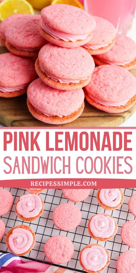 Pink lemonade cookies on cooling rack and assembled with buttercream filling on wooden serving board. Cookie Sandwich Ideas, Cake Sandwich Ideas Desserts, Lemonade Desserts, Pink Lemonade Cookies, Lemonade Cookies, Shower Snacks, How To Make Pink, Baby Shower Snacks, Summer Sandwiches