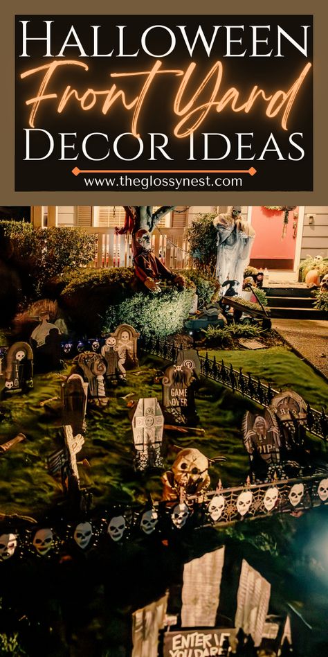 Want to have the most festive Halloween yard on the block?  Turn your place into a haunted house with these top Halloween front yard ideas!  Including Halloween front yard decorations with graveyards, cemetery, ghosts, witches, inflatables, blow ups, circus, carnival, clowns, lights, maze, pumpkins, jack-o-lanterns, skeletons, hocus pocus, spiders, signs, arches, aliens & more!  Create a cute, funny, creepy, classy, scary, spooky, unique or vintage Halloween front yard display with these ideas! Front Yard Graveyard Halloween Ideas, Halloween Yard Displays Graveyard, Halloween Carport Decorations, Halloween Yard Haunts, Cemetary Halloween Ideas, Scary Front Yard Halloween Ideas, Grave Yard Ideas For Halloween, Halloween Themed Yard Decorations, Halloween Cemetery Decorations