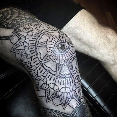 Floral Eye Of Providence Mens Knee Cap Tattoos Knee Cap Tattoos, Eye Of Providence Tattoo, Owl Feather Tattoos, Providence Tattoo, Geometric Tattoo Leg, Thigh Tattoo Men, Vintage Flower Tattoo, Eye Tattoos, Knee Cap