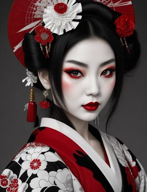 ♔ Beautés Orientales Créées par l'IA Kabuki Mask Design Female, Geisha Makeup Halloween, Makeup Removal Routine, Geisha Hair, Kabuki Makeup, Japan Makeup, Female Samurai, Face Art Makeup, Geisha Art