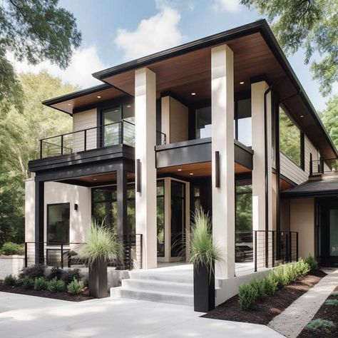 Modern Front Porch Columns, House With Pillars Entrance, Modern Exterior Columns, Entrance Patio Ideas, Entry Porch Ideas Entrance, Exterior Pillar Design, Pillar Design Exterior Entrance, Front Porch Columns Makeover, Porch Columns Makeover