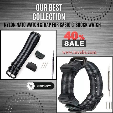 invella Nylon NATO watch strap for Casio G-Shock Watch (Black Grey) https://invella.com/invella-nylon-nato-watch-strap-for-casio-g-shock-watch-black-grey/ #G #NATO #Smart Nato Watch Strap, Casio G Shock Watches, Nato Strap Watches, G Shock Watches, Casio G Shock, G Shock, Watch Strap, Black Grey, Shop Now