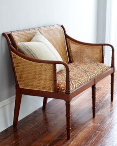 Rattan Bench Seat, Benches For Living Room, Wooden Sofa Chair, Rattan Bench, French Sofa, Wooden Sofa Designs, Colonial Furniture, French Laundry, Furniture Details Design