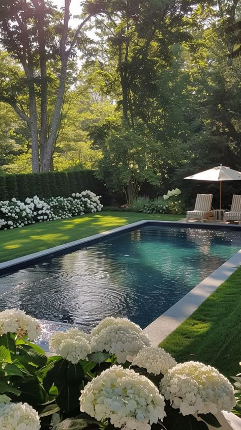 Gardens With Pools Ideas, Classic Home Renovation, Cool Pools Backyard Dream Homes, Traditional Backyard Ideas, New Build Pool Ideas, Pool With Garden Landscaping, Garden Pools Backyard, Backyard Landscaping And Pool, Gardens With Pools