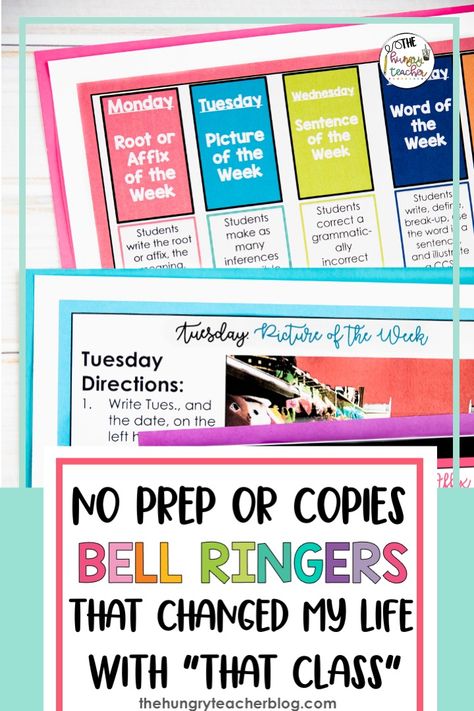 Bell Ringers: How They Changed My Life and Why I Can't Live Without Them - The Hungry Teacher Math Bell Ringers, Science Bell Ringers, Ela Bell Ringers, 8th Grade English, Teacher Favorites, 6th Grade Reading, 7th Grade Ela, Bell Work, Elementary Teaching