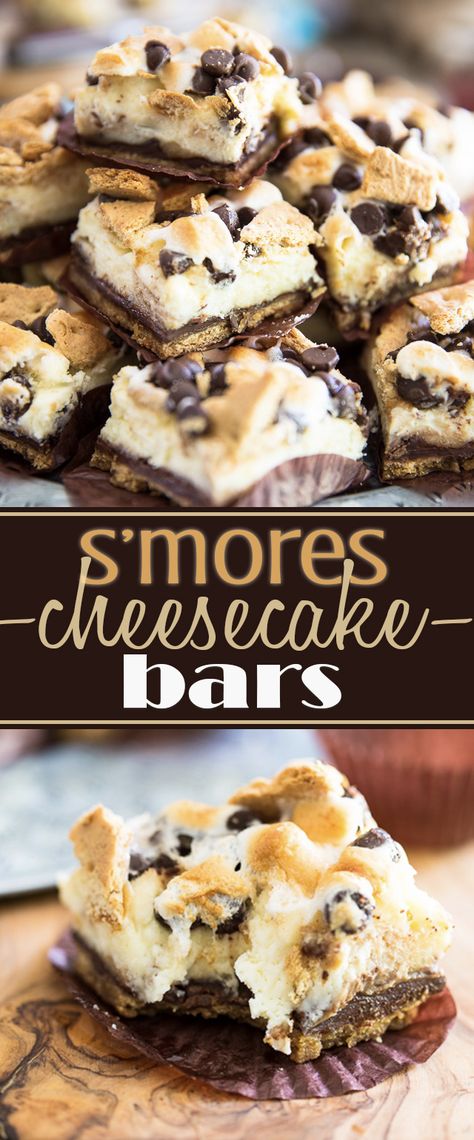 S'mores Cheesecake Bars • My Evil Twin's Kitchen Cheesecake Bar, Recipe Cheesecake, Cheesecake Bar Recipes, Chocolate Chip Cheesecake, S'mores Bar, Bar Recipes, Melting Chocolate Chips, S'mores, Bars Recipe