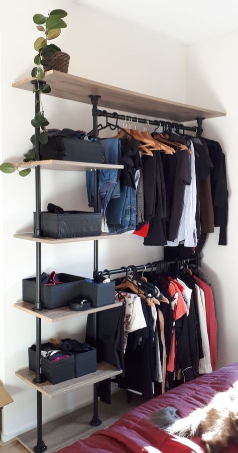 Room Ideas Without Closet, Industrial Closet Ideas Small Spaces, Clean Mens Bedroom, Loose Furniture Design, Apartment No Closet, Small Room No Closet, Bedroom No Closet Ideas, Shelves In Bedroom For Clothes, Open Closet In Bedroom Small Spaces