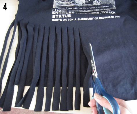 Step 4 cut strips to make fringe Make A Fringe Tshirt, Diy Fringe T Shirt, How To Make A Fringe Shirt, How To Fringe A Tee Shirt, How To Fringe A Shirt, Diy Fringe Shirt, Tshirt Fringe, How To Cut Fringe, Homecoming Shirts