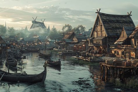 Viking Village Concept Art, Viking Landscape, Medieval Marketplace, Viking City, Viking Market, Viking Town, Viking Settlement, Viking Aesthetic, Viking Ships