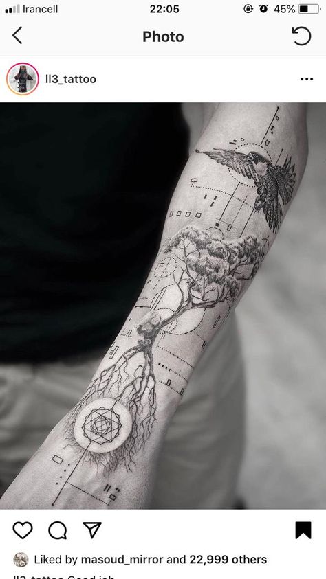 Doraemon Tattoo, Geometric Sleeve Tattoo, Men Tattoos Arm Sleeve, Tree Tattoos, Cool Arm Tattoos, Tattoo Inspiration Men, Tattoos Geometric, Geometric Sleeve, Inspiration Tattoos