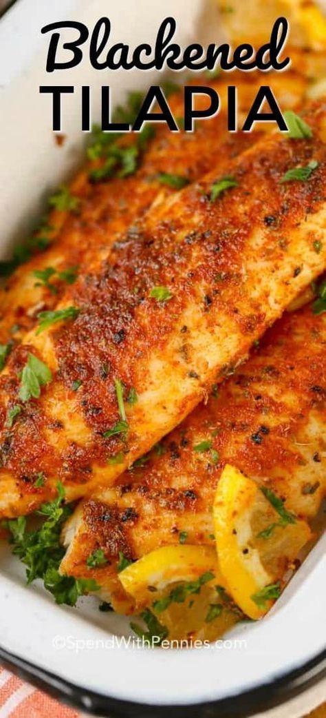 Blackened Tilapia starts with an easy homemade blackened seasoning mix. This blackened fish recipe is on the table in under 10 minutes making it the perfect weeknight meal! #spendwithpennies #blackenedfish #blackenedseasoning #fishrecipe #blackenedtilapia #tilapiareicpe #easyrecipe #quickrecipe #cajunrecipe #cajunseasoning Easy Tilapia Recipes, Homemade Blackened Seasoning, Crispy Salad, Tilapia Recipes Easy, Blackened Fish, Best Fish Recipes, Tilapia Fish Recipes, Blackened Tilapia, Fish Recipes Baked