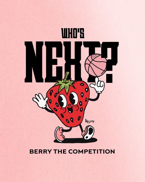 Berry the Competition in our Slammin’ Strawberry shirt coming soon! You’ll be the one asking “WHO’S NEXT?”! 🍓 custom illustrations, custom brand design, graphic design, character inspo, branding, illustration inspo, shopping, shop now, imagination, magical, clothing, shirt, custom tee Strawberry Character Design, Strawberry Graphic Design, Strawberry Character, Coming Soon Design, Strawberry House, Magical Clothing, Strawberry Illustration, Graphic Design Character, Custom Brand Design