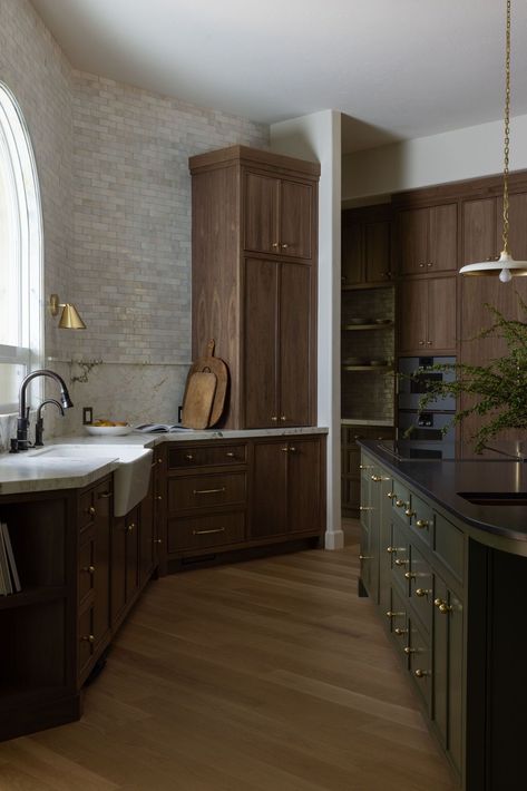 Dark Green With Dark Wood, Black Perimeter Countertops, Timeless Moody Kitchen, Dark Wood Kitchen Inspiration, Diy Honed Granite Countertops, Rustic Kitchen Modern, Black Kitchen Island Countertops, Black Wood Countertops, Kitchen Island With Different Countertop