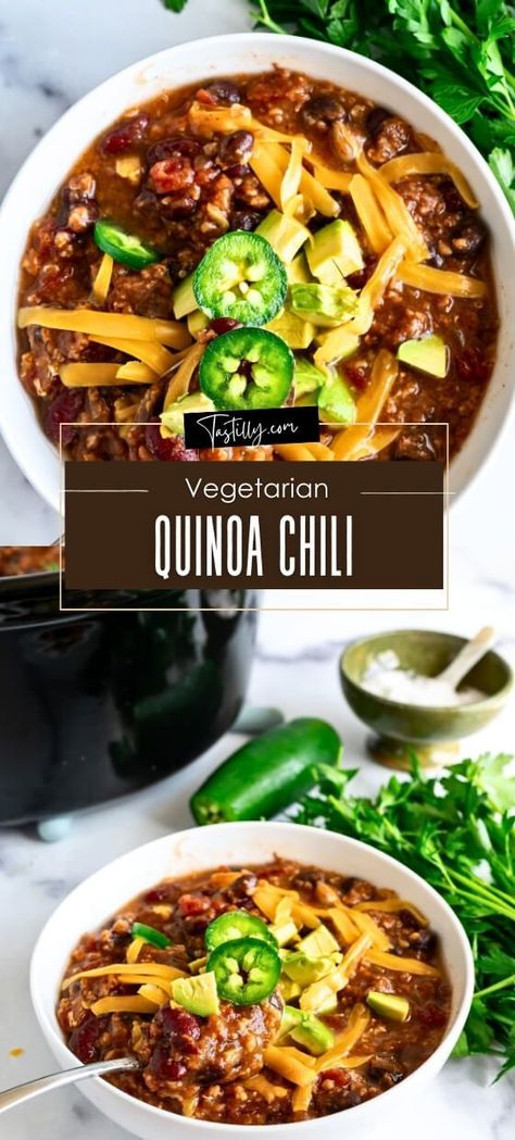 Set & Forget Slow Cooker Vegetarian Quinoa Chili – Tastilly Crockpot Quinoa Recipes, Chilli Recipe Slow Cooker, Quinoa Chilli, Vegan Chili Crockpot, Vegetarian Chili Crock Pot, Beans And Quinoa, Chinese Cuisine Recipes, Slow Cooker Quinoa, Vegetarian Quinoa Chili