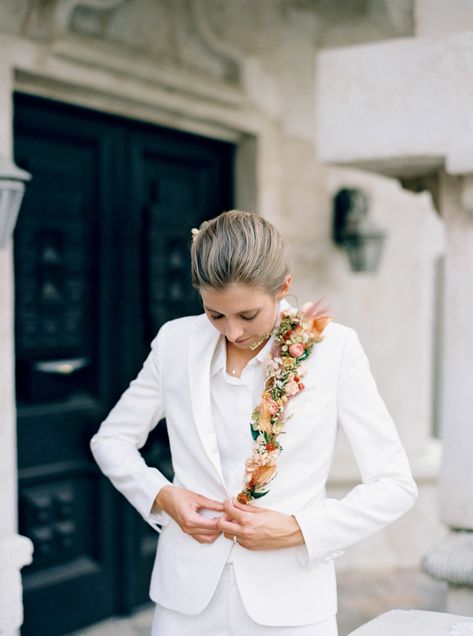 Italian Design and Sunset Hues Set the Scene for These Brides' Outdoor Wedding White Attire, Bridal Suit, Martha Weddings, Flower Lapel, Lapel Flower, Flower Style, Bridal Flower, Ceremony Arch, Martha Stewart Weddings