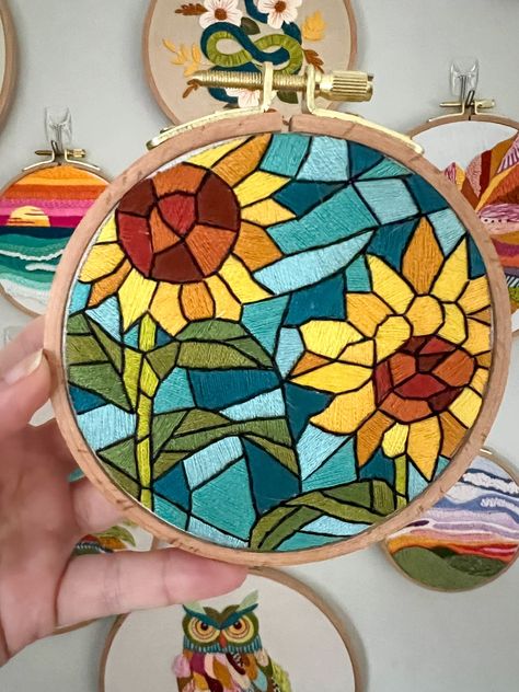 Cross Stitch Patterns Non Traditional Embroidery, New Home Embroidery Hoop, Embroidery Hoop Gift Ideas, Embroidery Stain Glass Window, Stained Glass Embroidery Patterns, Embroidery Decoration Wall Art, Stained Glass Embroidery, Displaying Embroidery, Unique Embroidery Ideas