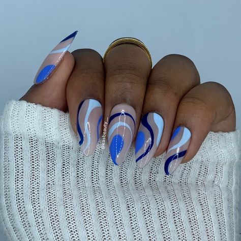 Blueberry Press On Nails - S (2.5.4.6.9) / Medium Square Blue And Purple Almond Nails, Swirly Blue Nails, Summer Nails On Natural Nails, Fun Blue Nails Designs, Cornwall Nails, Blue Summer Nails Almond Shape, Blue Swirls Nails, Summer Nails Swirls, Blue Autumn Nails