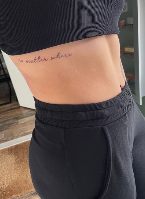 Side Rib Quote Tattoo, Text Rib Tattoo, Rib Script Tattoo Women, Rib Tattoo Script, Rib Tats, Side Tat, Rib Tattoo Quotes, Tattoo Text, Side Tattoos Women