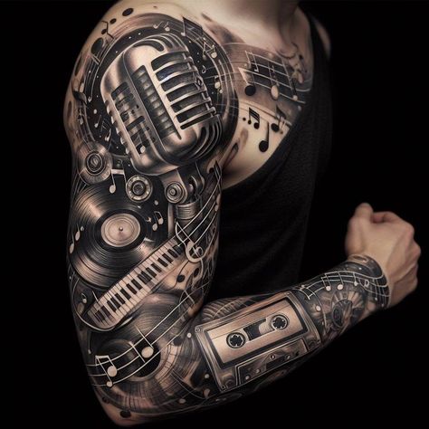 Music Half Sleeve Tattoo For Men, Music Leg Tattoo Men, Music Sleeve Tattoo, Tattoos For Music Lovers Unique, Music Tattoos Men, Music Tats, Drum Tattoo, Music Tattoo Sleeves, Brain Storming