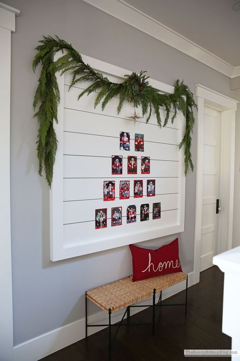 Shiplap Santa picture display (Sunny Side Up) Christmas Photo Display, Displaying Family Pictures, Hallway Mudroom, Christmas Hallway, Baby Shower Pictures, Mudroom Decor, Trending Paint Colors, Family Christmas Pictures, Santa Pictures