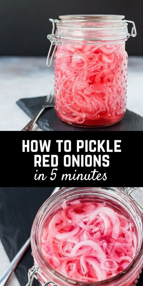 Learning how to pickle red onions is SO easy - it only takes five minutes! You'll love having a jar in your fridge for tacos, avocado toast, and more! Get the EASY method on RachelCooks.com! via @rachelcooksblog Red Onion Recipes, Quick Pickled Red Onions, Pickled Veggies, Pickled Vegetables, Pickled Red Onions, Onion Recipes, Pickled Onions, Red Onions, Diet Vegetarian