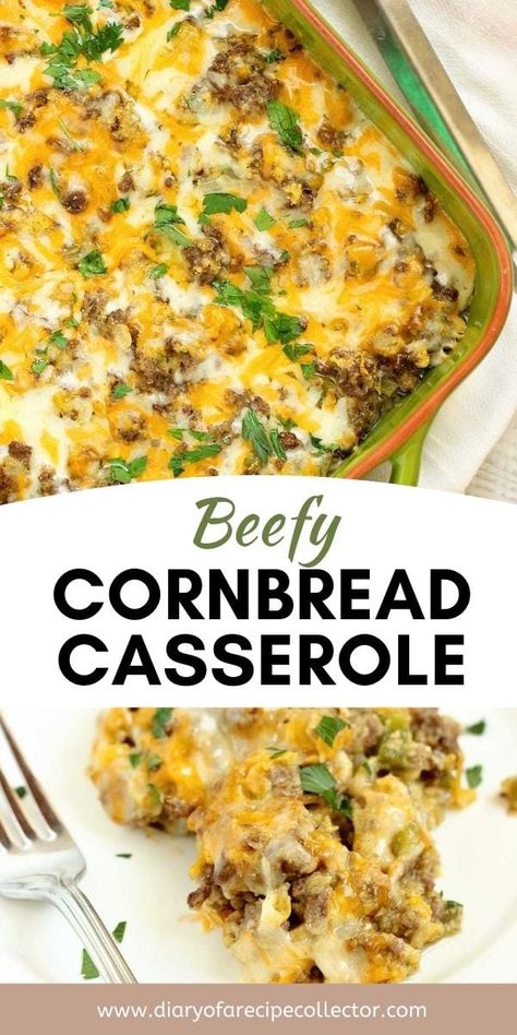 Beefy Cornbread Casserole - A super easy dinner recipe filled with ground beef, cream style corn, and cornbread.  It makes a great weeknight dinner idea! Ground Beef And Cornbread, Super Easy Dinner, Cornbread Casserole, Cream Style Corn, Easy Dinner Recipe, Beef Casserole, Easy Casserole, Dinner Idea, Cream Style