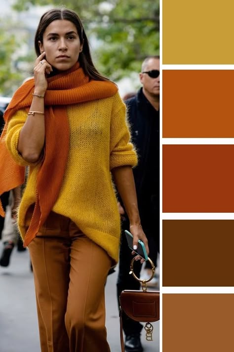 Orange Coat Outfit Autumn, Burnt Mustard Color, Mustard Yellow Fall Outfits Women, Mustard Combination Color, Fall Winter Color Palette 2024, Brick Orange Outfit, Mustard Turtleneck Outfits, Yellow Skirt Outfit Winter, Autumn Tone Outfits