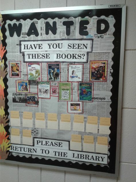 Return Your Library Books Bulletin Board, End Of The Year Library Bulletin Boards, End Of Year Library Book Return, Library Ideas For School Librarians, End Of Year Library Bulletin Board Ideas, Elementary School Library Decorating Ideas, High School Library Book Displays, School Library Book Return Ideas, Library Book Return Ideas