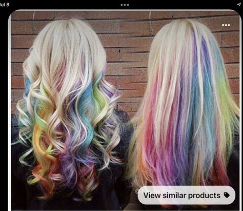 Blond Rainbow Hair, Rainbow Underneath Hair Blonde, Rainbow Color Hair Ideas, Rainbow And Blonde Hair, Blonde And Bright Colored Hair, Rainbow Blonde Hair, Peek A Boo Hair Color Ideas For Blondes, Under Color Hair Ideas Blondes, Blonde And Rainbow Hair