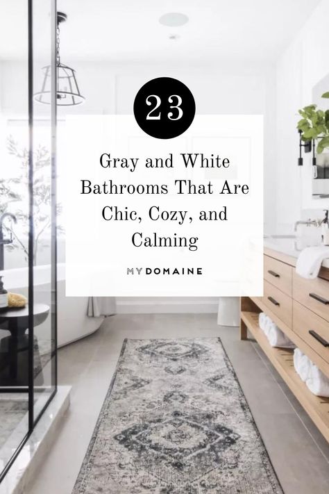 Add Color To Grey And White Bathroom, West Elm Bathroom Rug, Grey Shower Bathroom Ideas, Bathrooms With Grey Tiles, Grey And White Master Bath Ideas, Gray White Bathroom Ideas, White Grey Black Bathroom, Light Gray Bathroom Floor, Light Gray Bathroom Tile