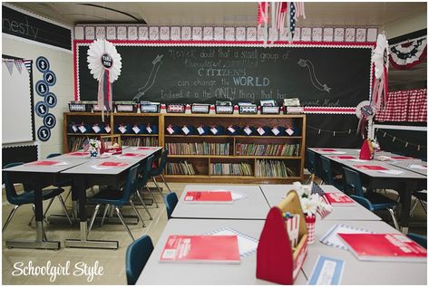 Red Classroom Theme, Patriotic Classroom, Red Classroom, Classroom Theme Ideas, Chalkboard Decor, Classroom Makeover, White Paint Pen, Classroom Decor Ideas, Book Baskets